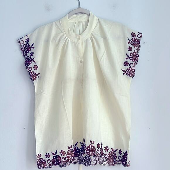 Vintage embroidered cottagecore shabby chic button up sleeveless shirt - Picture 1 of 7